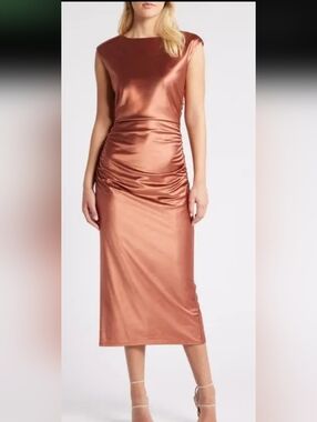 NWT - Chelsea28 Bronze Satin Ruched Midi Dress - Size Large